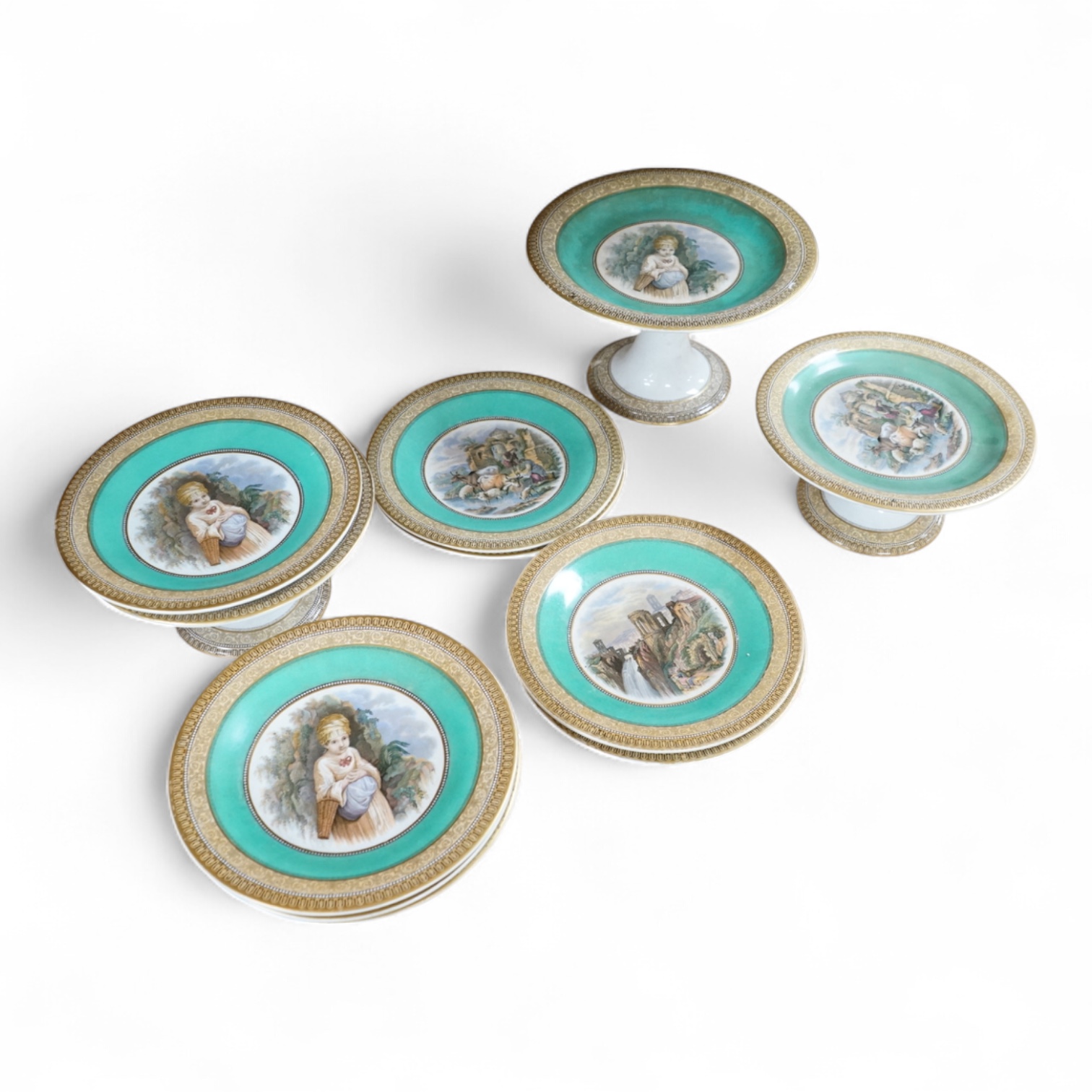 A Victorian multicolour transfer printed dessert service, by F & R Pratt, largest 23cm diameter